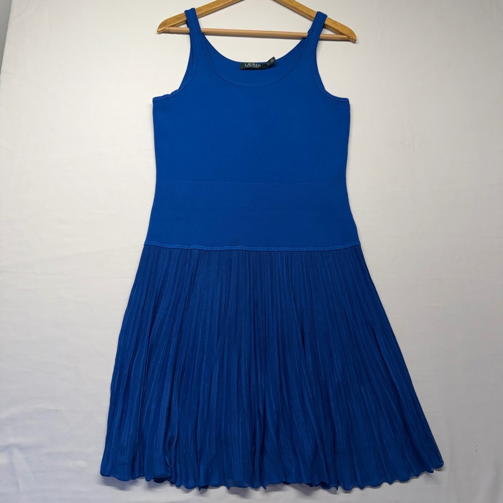 Lauren‎ Ralph Lauren Fit Flare Pleated Knit Dress Blue Sleeveless Petite L NWT